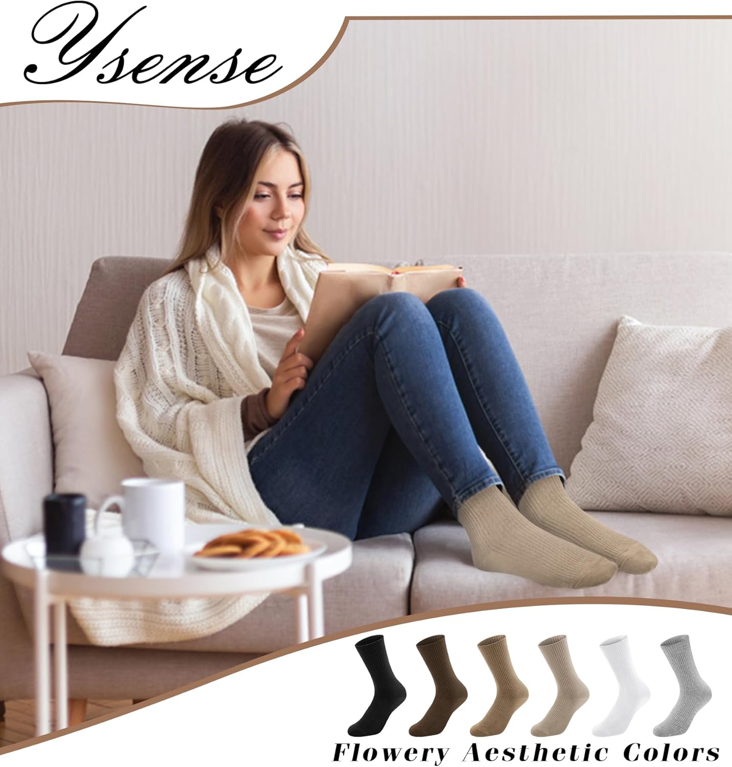 Women's Cotton Crew Socks 6 Pairs, Long Cute Aesthetic Neutral Athletic Boot Socks for Women Stocking Stuffers Gifts - Image 5