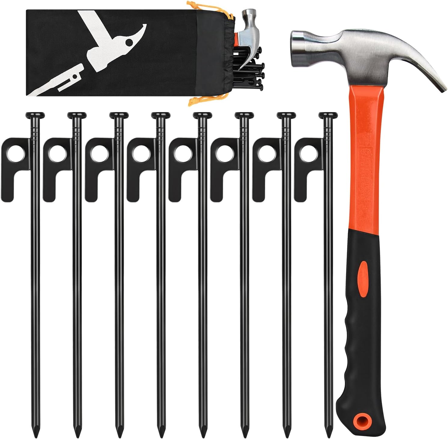 8 Pack 8in Heavy Duty Forged Steel Tent Stakes and Hammer Set, with Storage Pouch, Available in Rocky Place - Image 1