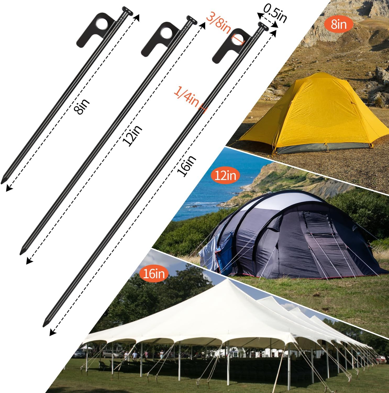 8 Pack 8in Heavy Duty Forged Steel Tent Stakes and Hammer Set, with Storage Pouch, Available in Rocky Place - Image 2
