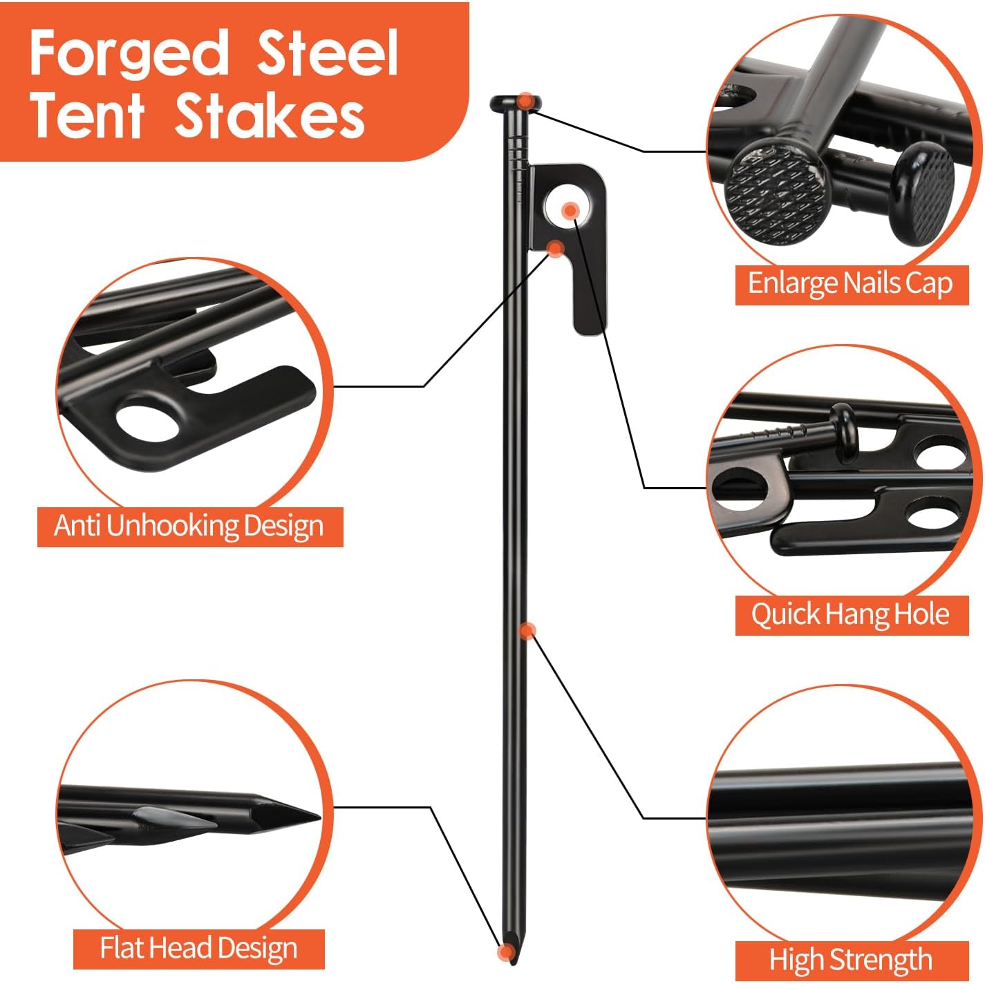 8 Pack 8in Heavy Duty Forged Steel Tent Stakes and Hammer Set, with Storage Pouch, Available in Rocky Place - Image 3