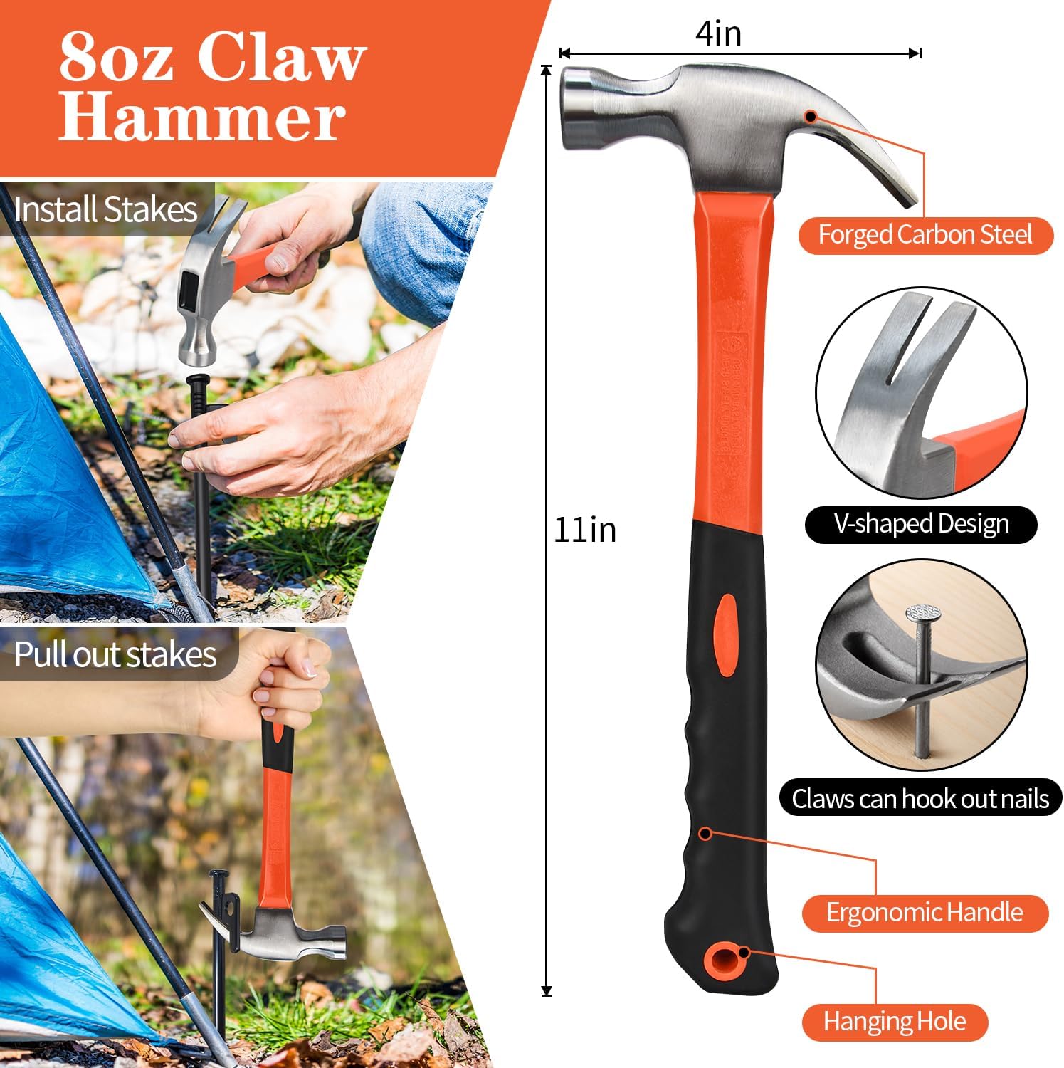 8 Pack 8in Heavy Duty Forged Steel Tent Stakes and Hammer Set, with Storage Pouch, Available in Rocky Place - Image 4