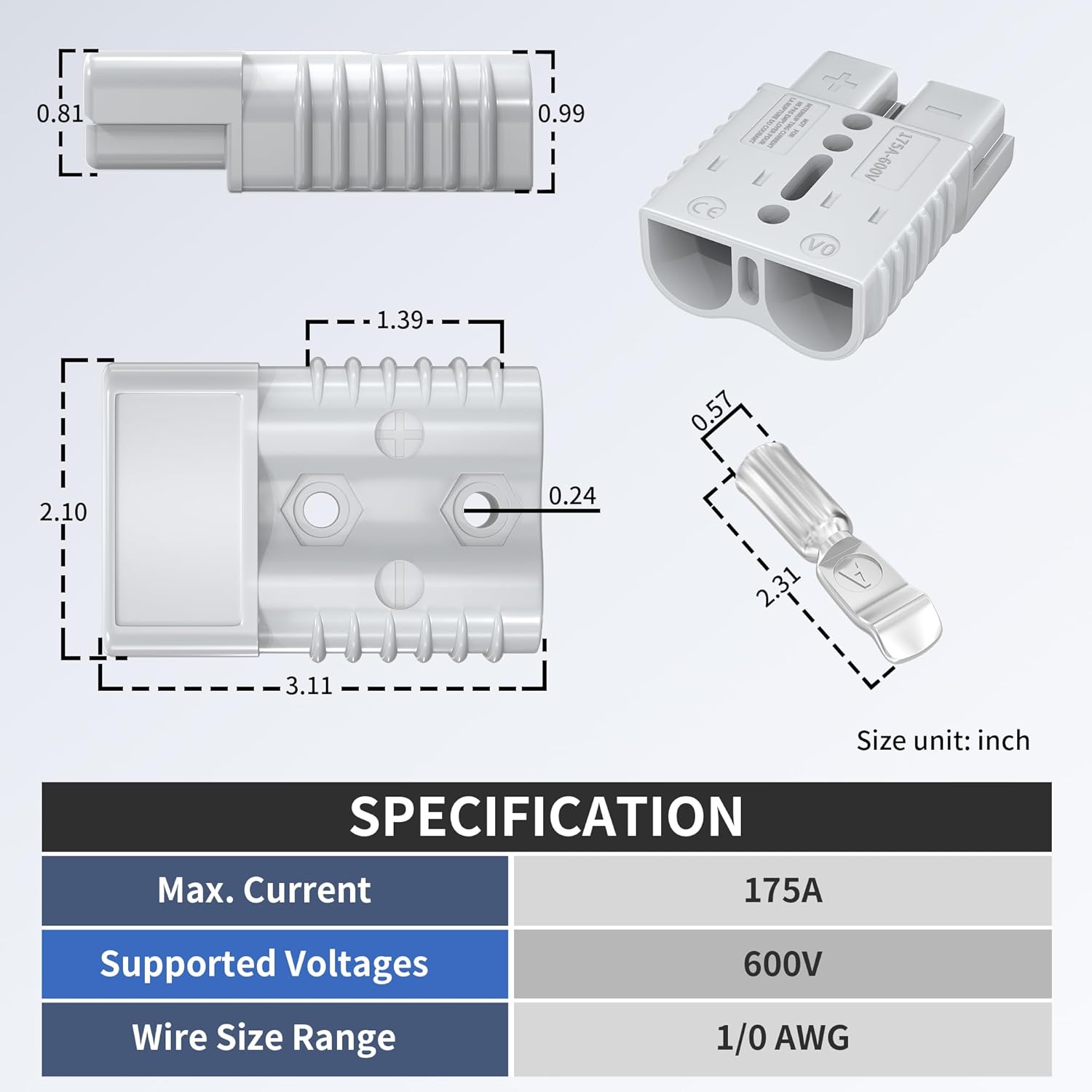 175Amp Battery Quick Connect/Disconnect Connector, 600V 1/0AWG Battery Cable Connector Wire Harness Plug Connector Kit for Car Winch Motor Recovery - 2 Pack - Image 2