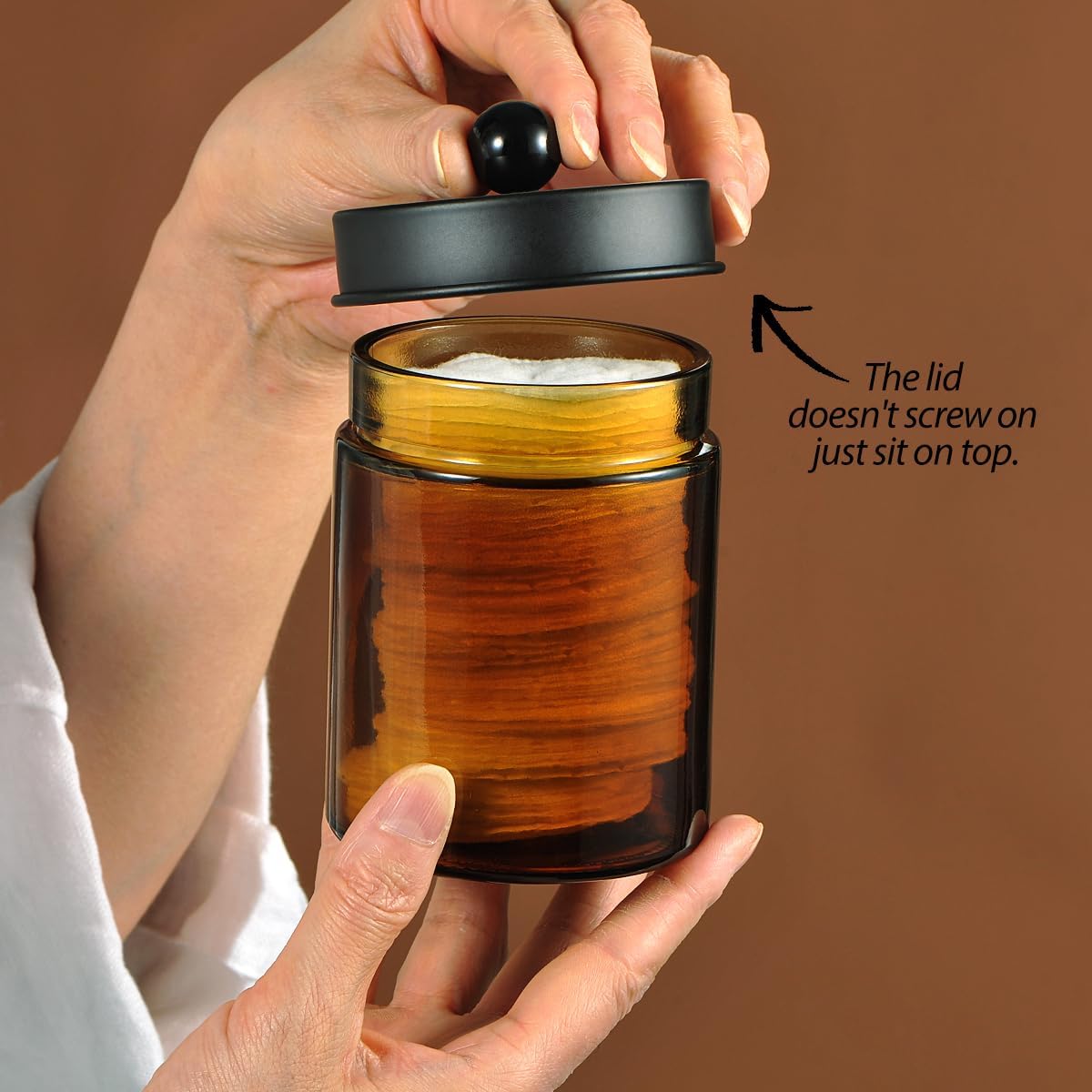 Amber Glass Qtip Holder, Apothecary Jar,Qtip Dispenser with Metal Lid & Stickers- 3Pack Containers,Vanity Canister Organizer Storage,Bathroom Accessories Set for Cotton Swab, Ball, Pad, Floss - Image 3