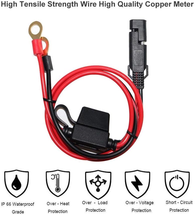 [2 PACK]  2FT Motorcycle Battery Charger Cord, Sae to O Ring Terminal Quick Disconnect Assembly Extension Cable, Sae 2Pin Wire Harness Reverse Polarity Adapter Port Accessory, 10A Fuse - Image 2
