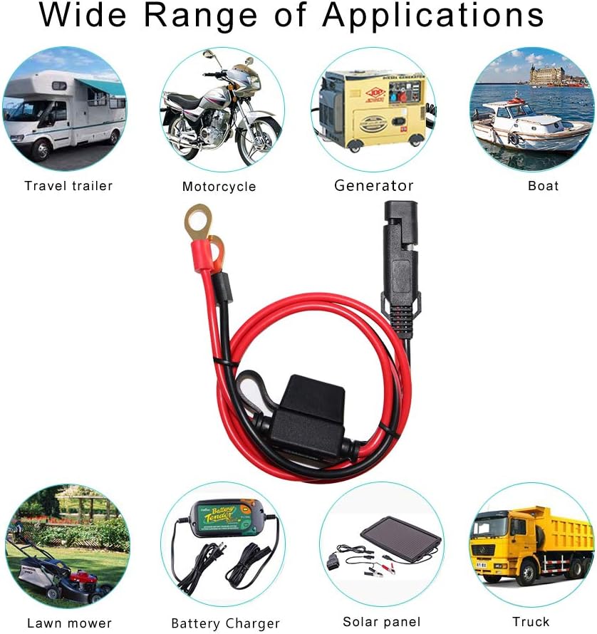 [2 PACK]  2FT Motorcycle Battery Charger Cord, Sae to O Ring Terminal Quick Disconnect Assembly Extension Cable, Sae 2Pin Wire Harness Reverse Polarity Adapter Port Accessory, 10A Fuse - Image 7