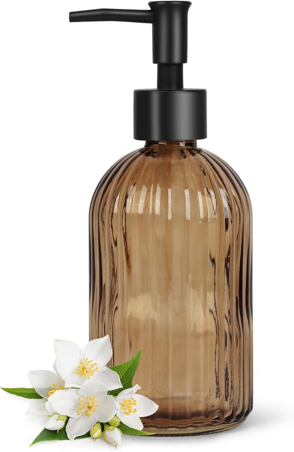 13.5oz Stripe Glass Soap Dispenser with Black Plastic Pump, 400ml Liquid Hand Soap Dispenser, Rustproof Pump for Kitchen & Bathroom, Great for Lotions, Essential Oil, Liquid Soaps-Amber - Image 1
