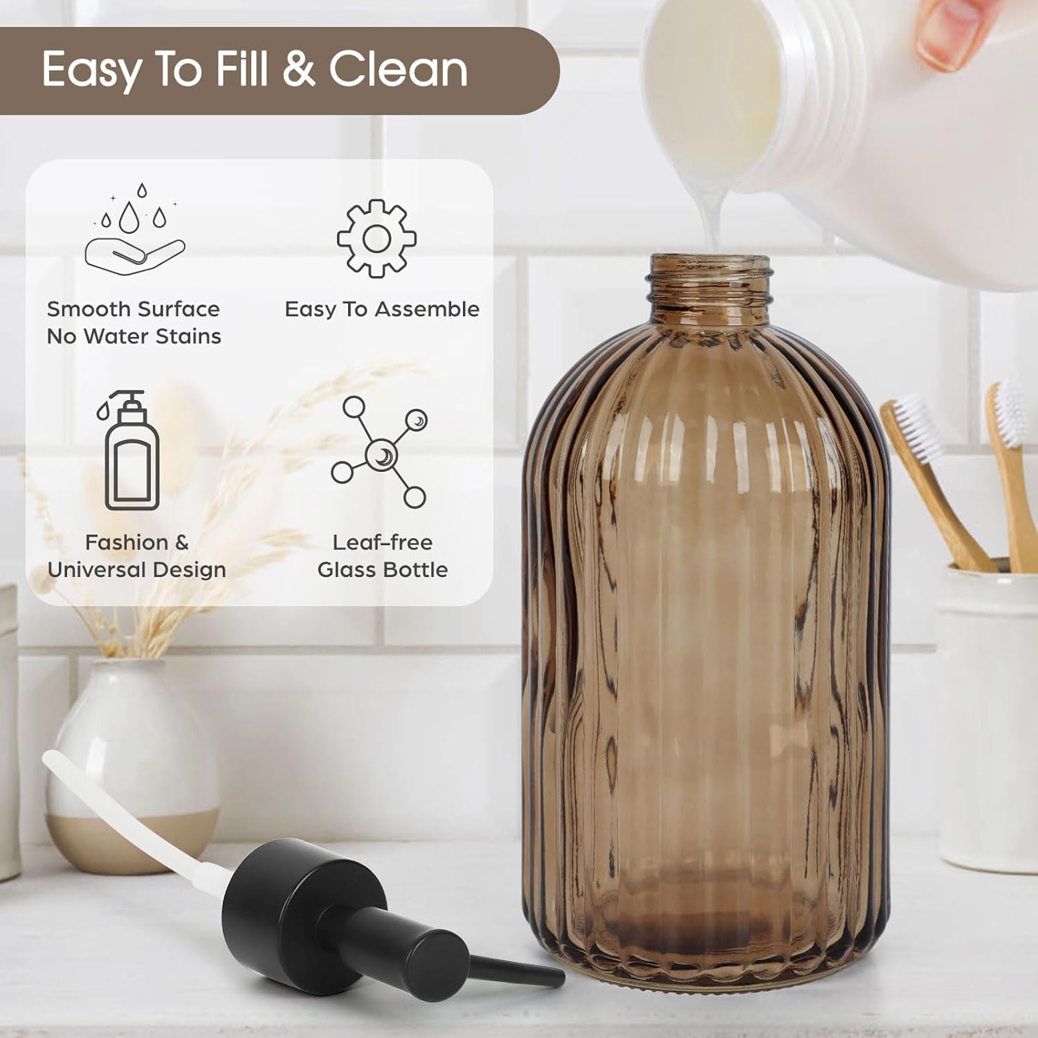 13.5oz Stripe Glass Soap Dispenser with Black Plastic Pump, 400ml Liquid Hand Soap Dispenser, Rustproof Pump for Kitchen & Bathroom, Great for Lotions, Essential Oil, Liquid Soaps-Amber - Image 2