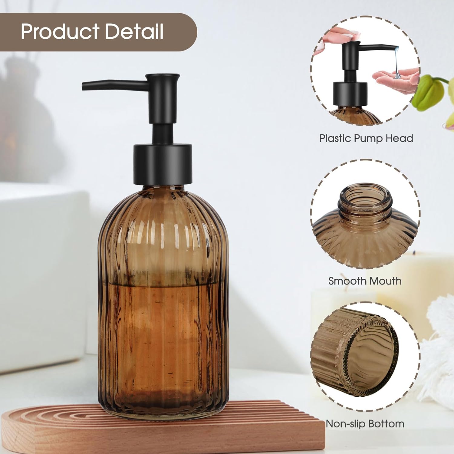 13.5oz Stripe Glass Soap Dispenser with Black Plastic Pump, 400ml Liquid Hand Soap Dispenser, Rustproof Pump for Kitchen & Bathroom, Great for Lotions, Essential Oil, Liquid Soaps-Amber - Image 3