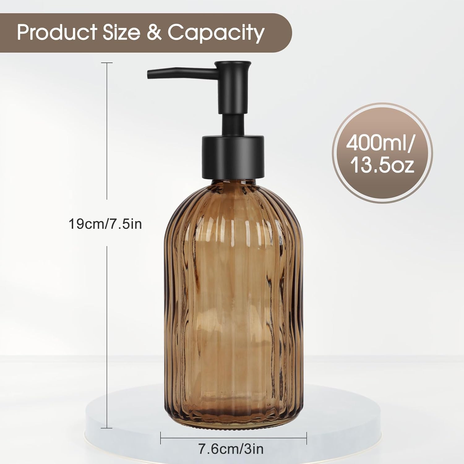 13.5oz Stripe Glass Soap Dispenser with Black Plastic Pump, 400ml Liquid Hand Soap Dispenser, Rustproof Pump for Kitchen & Bathroom, Great for Lotions, Essential Oil, Liquid Soaps-Amber - Image 4