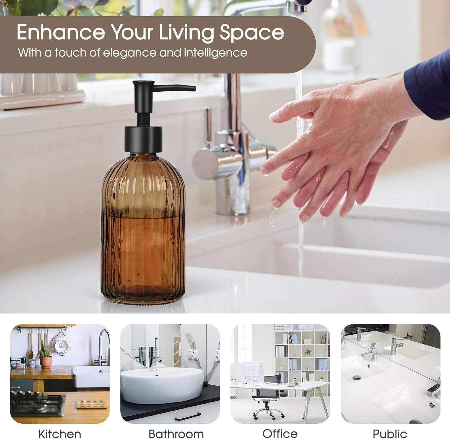 13.5oz Stripe Glass Soap Dispenser with Black Plastic Pump, 400ml Liquid Hand Soap Dispenser, Rustproof Pump for Kitchen & Bathroom, Great for Lotions, Essential Oil, Liquid Soaps-Amber - Image 5