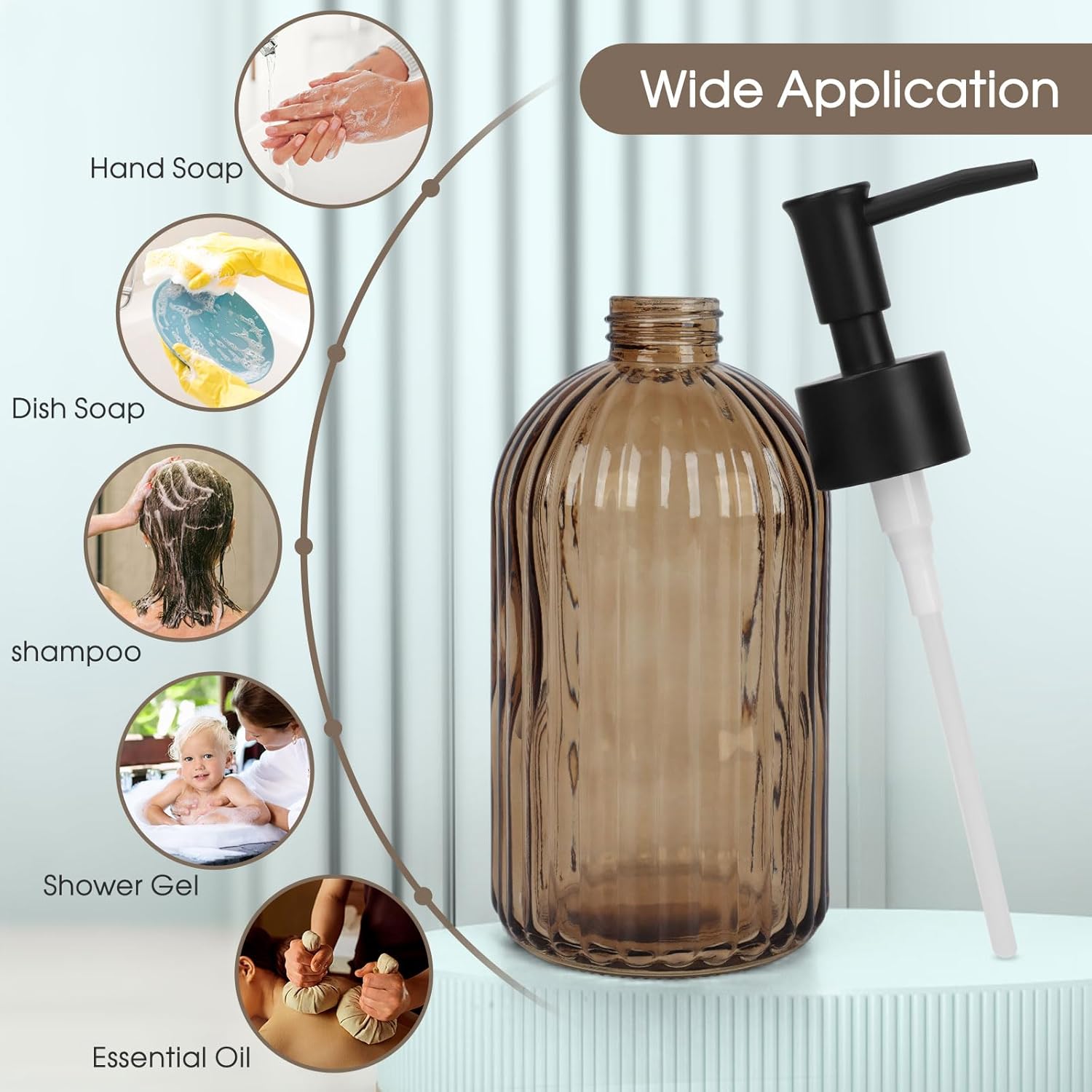 13.5oz Stripe Glass Soap Dispenser with Black Plastic Pump, 400ml Liquid Hand Soap Dispenser, Rustproof Pump for Kitchen & Bathroom, Great for Lotions, Essential Oil, Liquid Soaps-Amber - Image 6