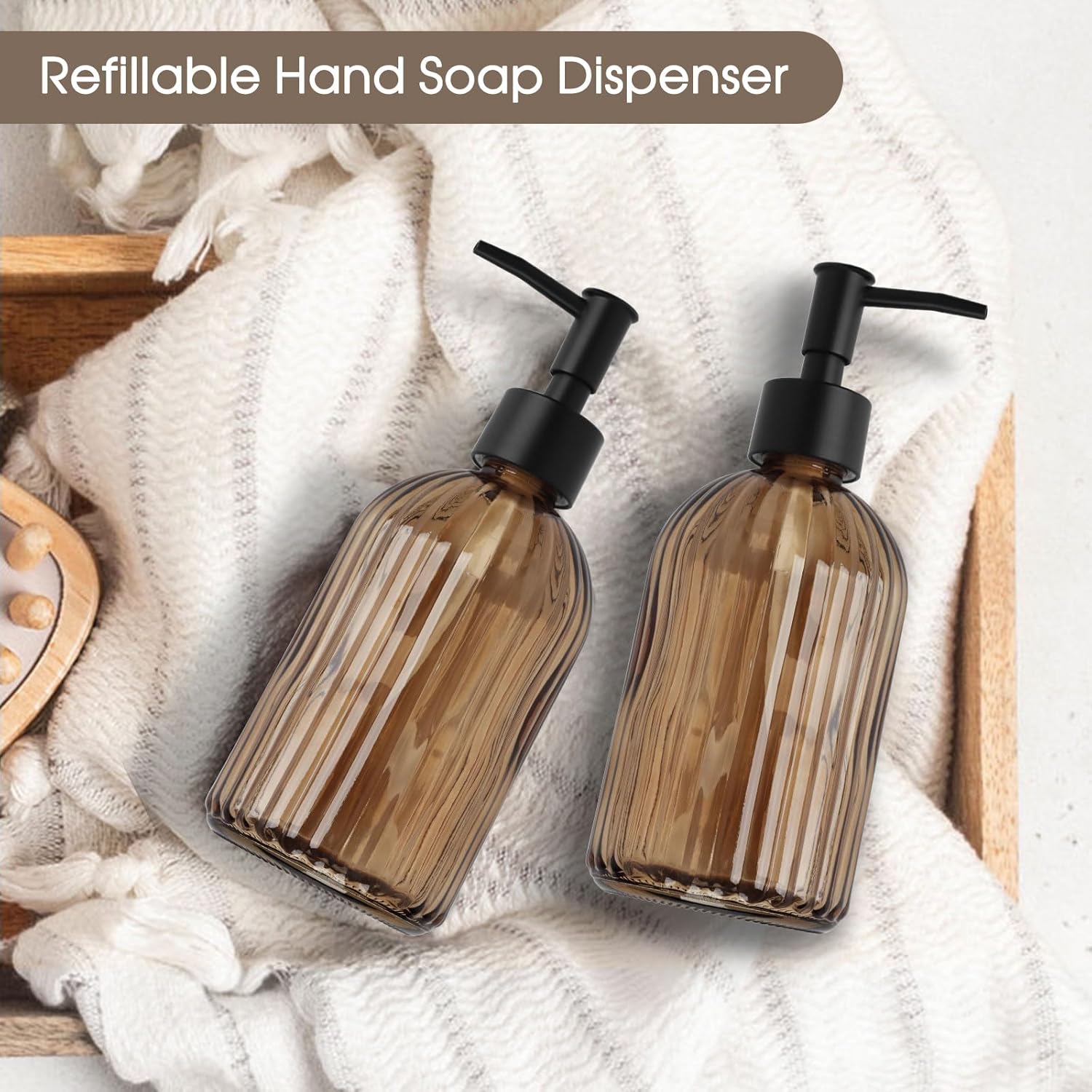 13.5oz Stripe Glass Soap Dispenser with Black Plastic Pump, 400ml Liquid Hand Soap Dispenser, Rustproof Pump for Kitchen & Bathroom, Great for Lotions, Essential Oil, Liquid Soaps-Amber - Image 7
