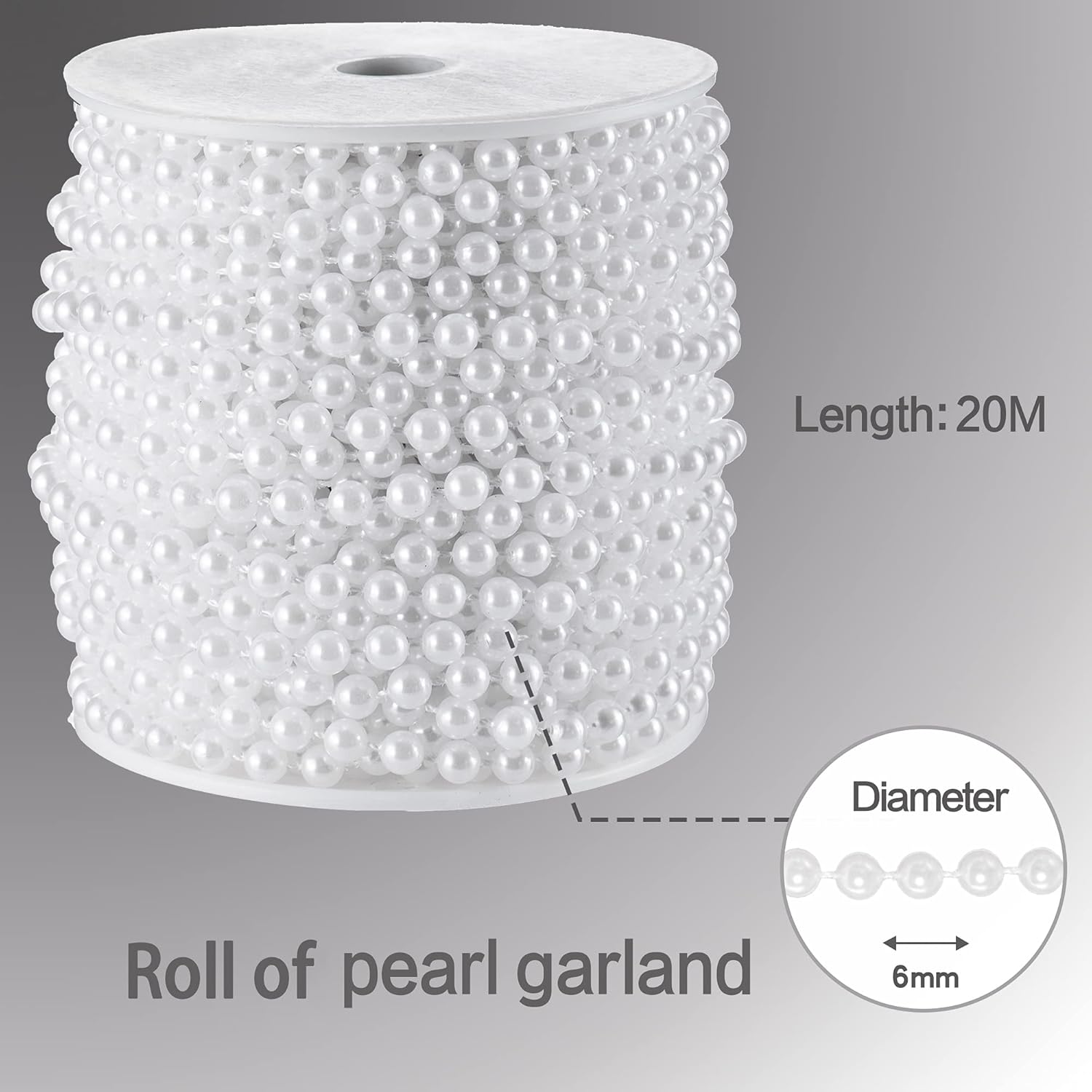 Craft String Pearls 6MM Pearl Bead, 66 Feet White Faux Pearl Garland Spool Roll Strand Wedding Party Decoration, Christmas Tree Decorations - Image 2