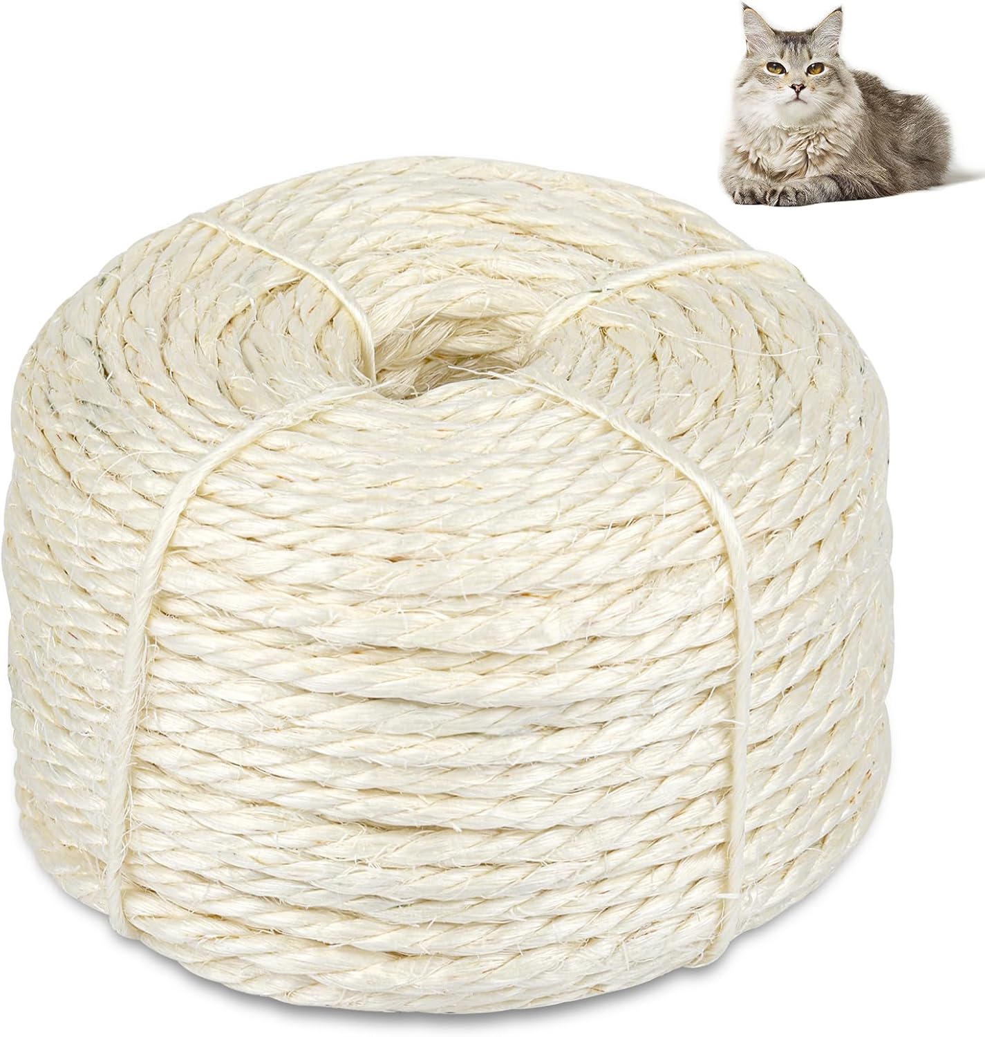 164 Feet Sisal Rope for Cat Scratching Post, 1/6 Inch Natural Cat Tree Rope, DIY Hemp Twine Rope for Repairing, Recovering Scratch Post Cats Tree Tower Replacement (White) - Image 1