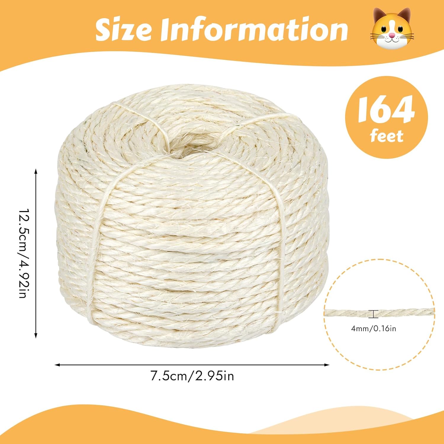 164 Feet Sisal Rope for Cat Scratching Post, 1/6 Inch Natural Cat Tree Rope, DIY Hemp Twine Rope for Repairing, Recovering Scratch Post Cats Tree Tower Replacement (White) - Image 2