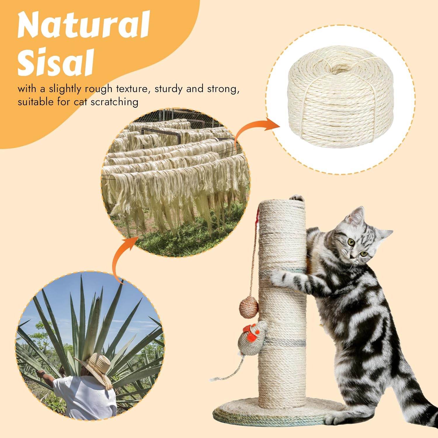 164 Feet Sisal Rope for Cat Scratching Post, 1/6 Inch Natural Cat Tree Rope, DIY Hemp Twine Rope for Repairing, Recovering Scratch Post Cats Tree Tower Replacement (White) - Image 3