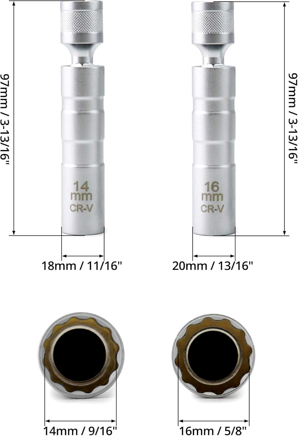 14mm&16mm Magnetic Swivel Spark Plug Socket, Thin Wall Magnetic Rotating 3/8