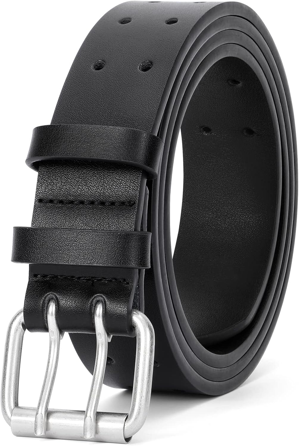 Men Double Prong PU Leather Belt Casual Work Heavy Duty Belt Double Grommet Holes Belt for Jeans - Image 1