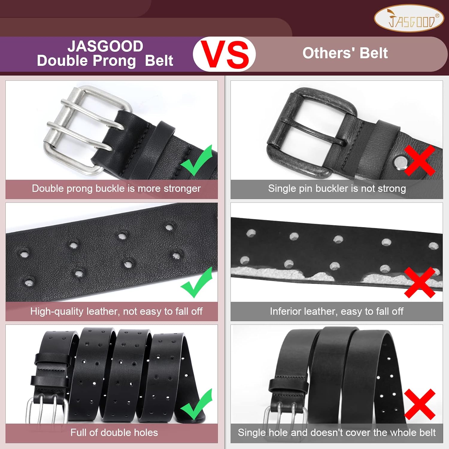 Men Double Prong PU Leather Belt Casual Work Heavy Duty Belt Double Grommet Holes Belt for Jeans - Image 2