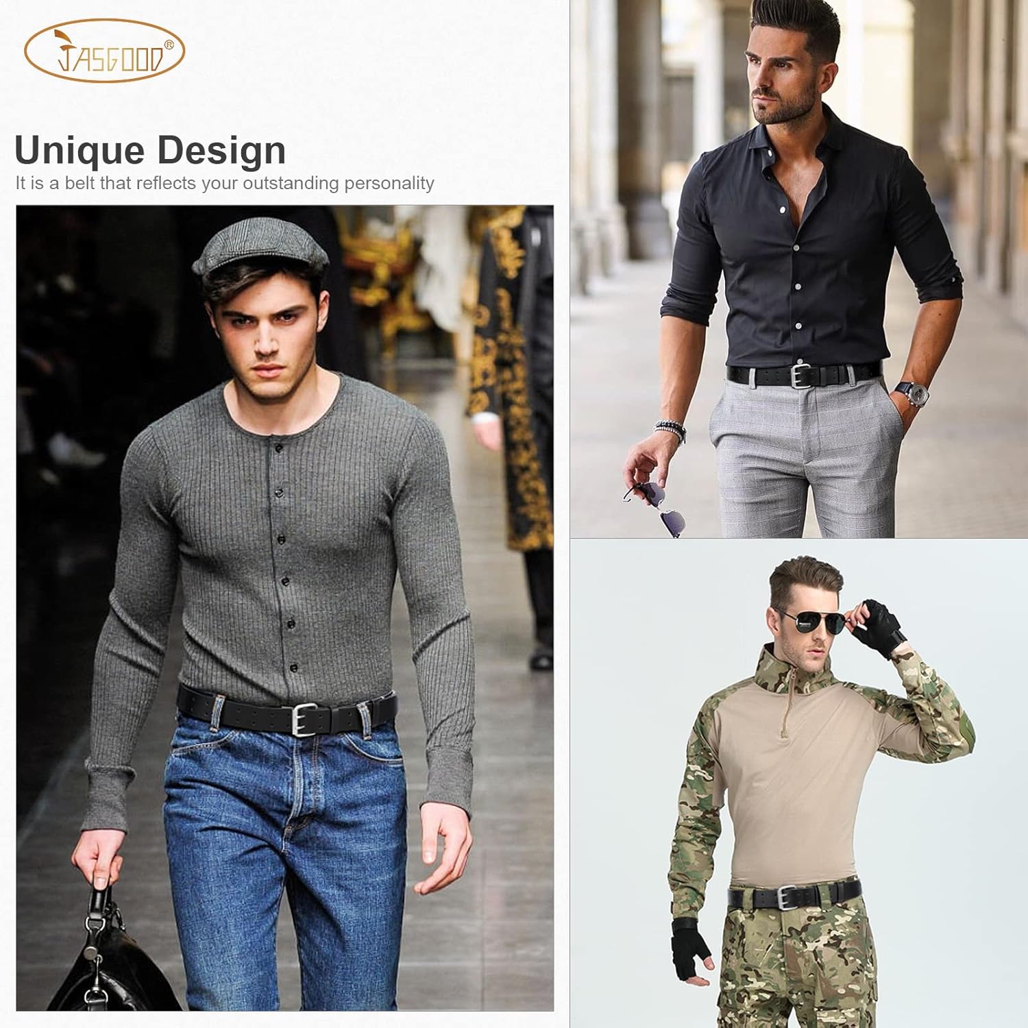 Men Double Prong PU Leather Belt Casual Work Heavy Duty Belt Double Grommet Holes Belt for Jeans - Image 3