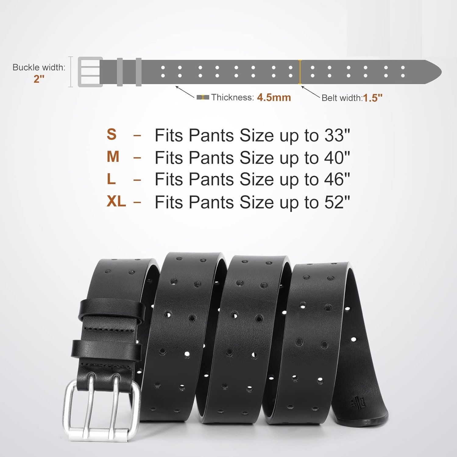 Men Double Prong PU Leather Belt Casual Work Heavy Duty Belt Double Grommet Holes Belt for Jeans - Image 4
