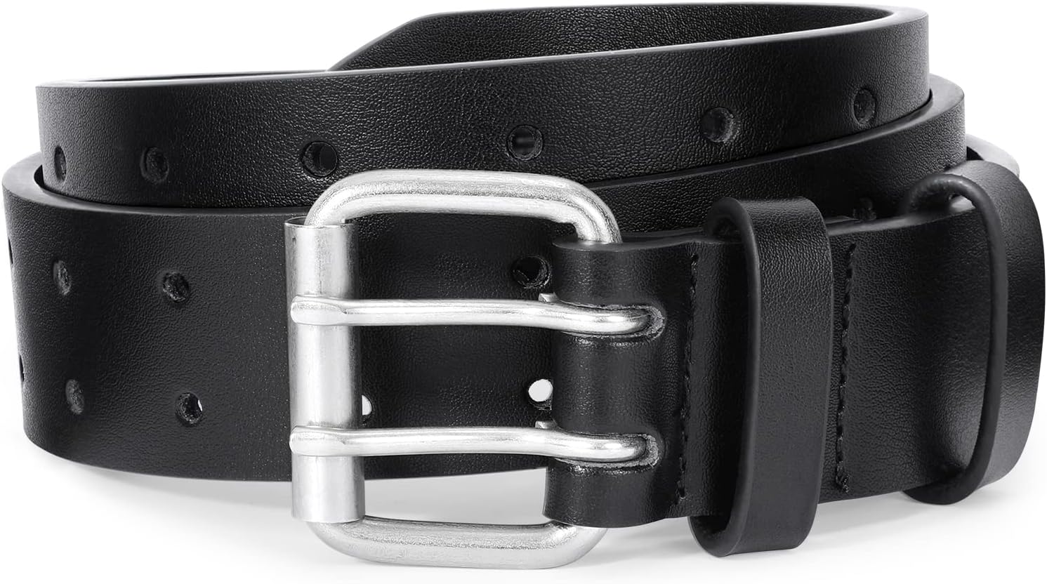 Men Double Prong PU Leather Belt Casual Work Heavy Duty Belt Double Grommet Holes Belt for Jeans - Image 5