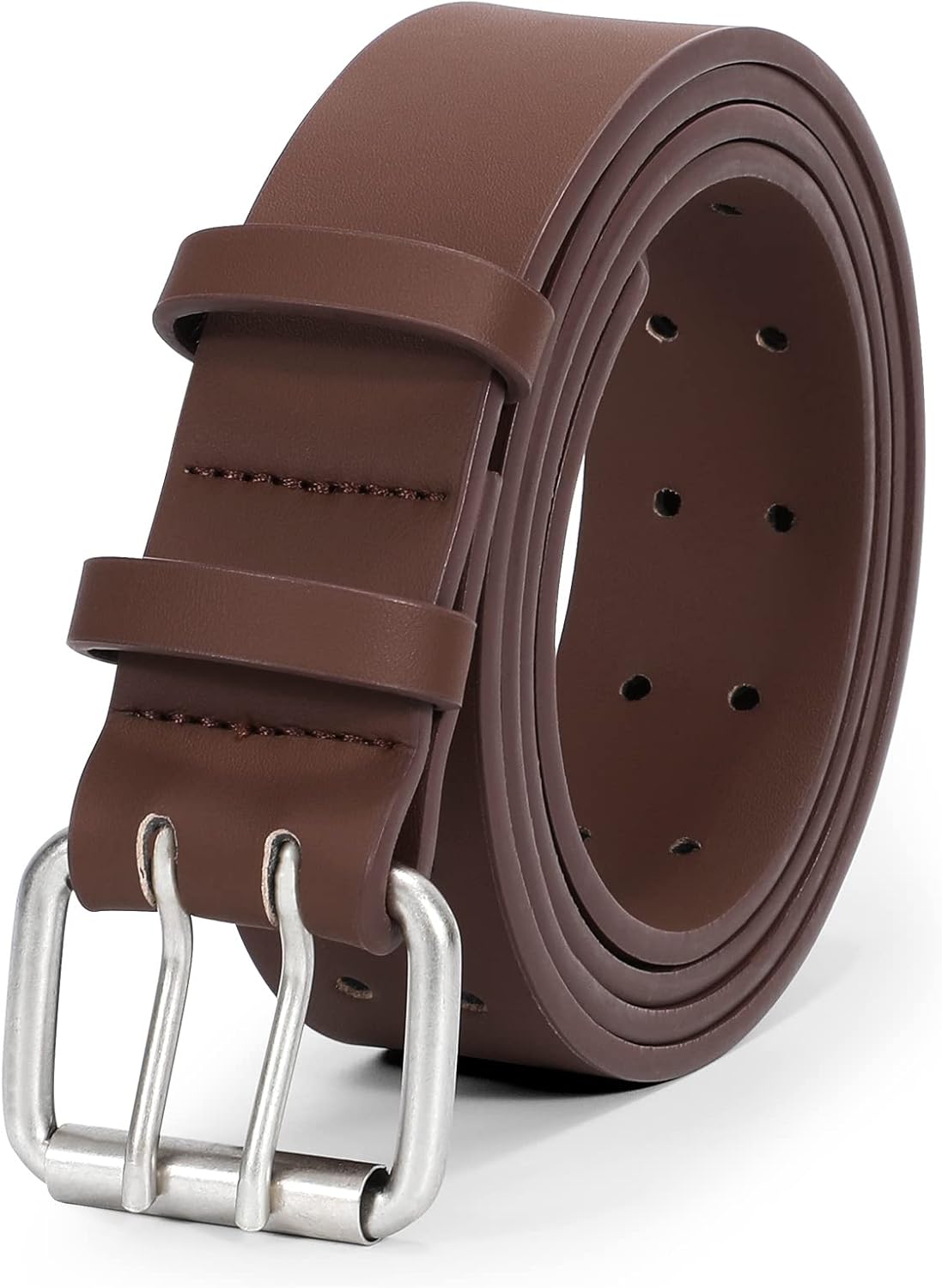 Men Double Prong PU Leather Belt Casual Work Heavy Duty Belt Double Grommet Holes Belt for Jeans - Image 1