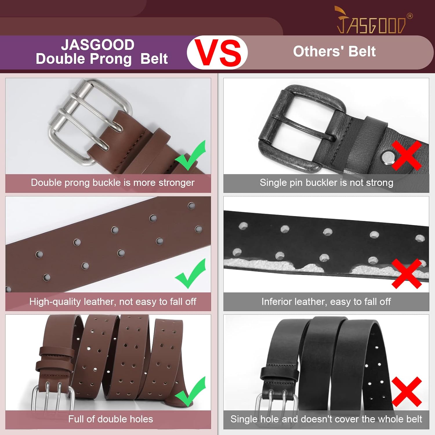 Men Double Prong PU Leather Belt Casual Work Heavy Duty Belt Double Grommet Holes Belt for Jeans - Image 2