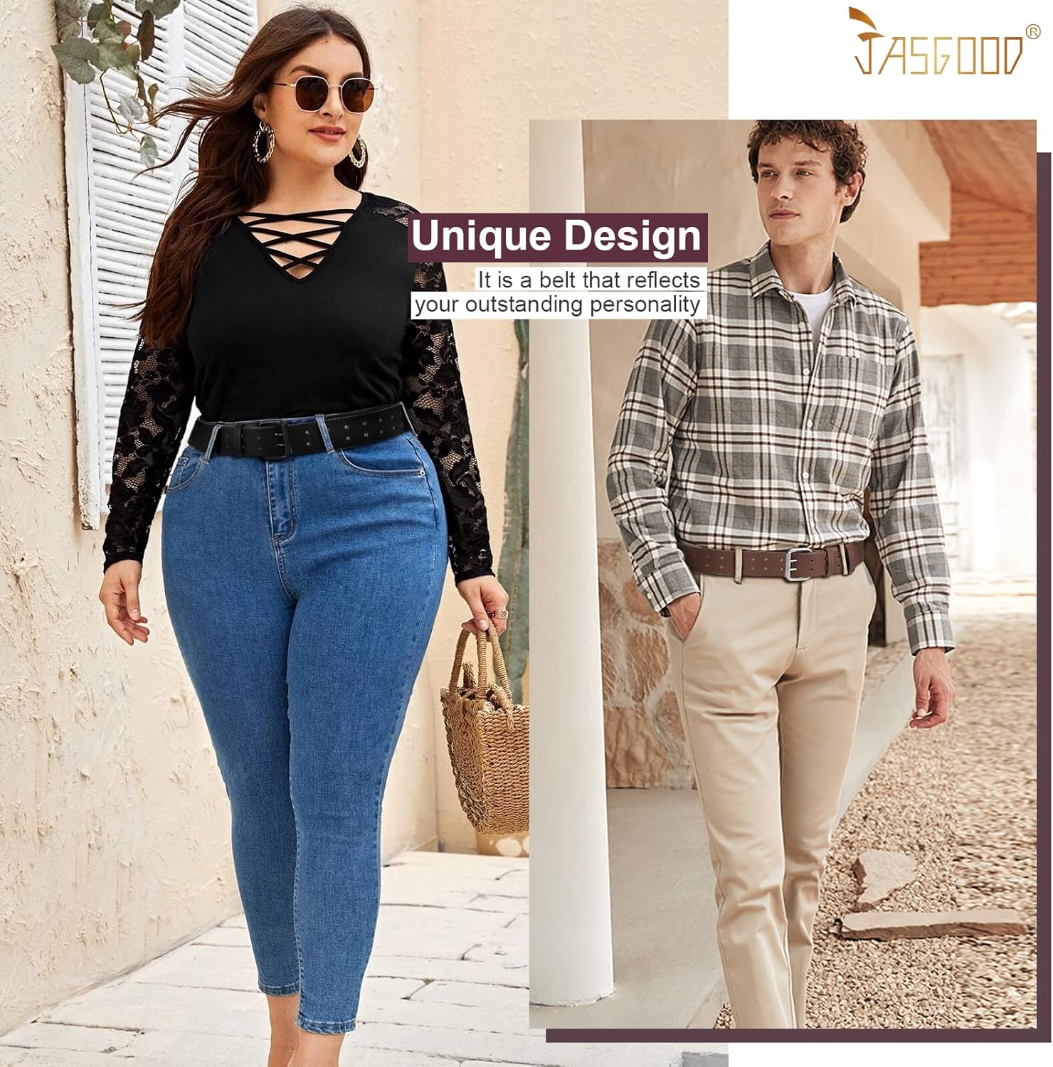Men Double Prong PU Leather Belt Casual Work Heavy Duty Belt Double Grommet Holes Belt for Jeans - Image 3