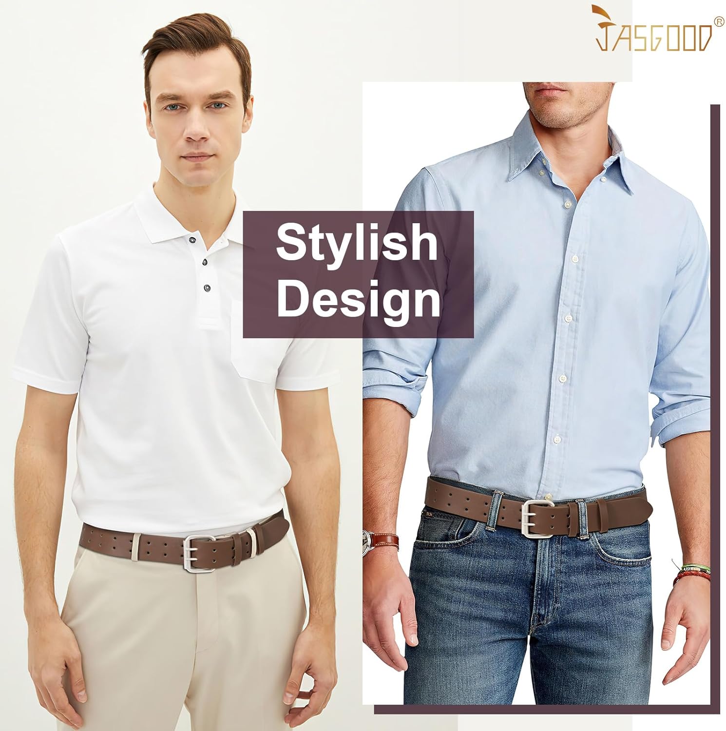 Men Double Prong PU Leather Belt Casual Work Heavy Duty Belt Double Grommet Holes Belt for Jeans - Image 5