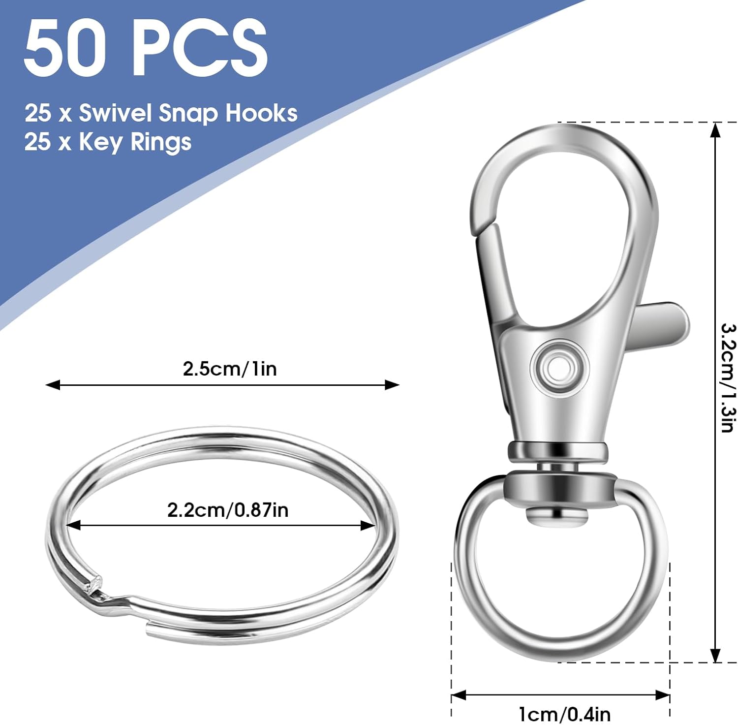 50 PCS in 25 Sets, Metal Swivel Lobster Claw Clasps, Keychain Clip with Large Key Ring, Premium Keychains Clips, Snap Hooks and Sturdy Key Rings, for Key Chain Making Kit， (Silver) - Image 2