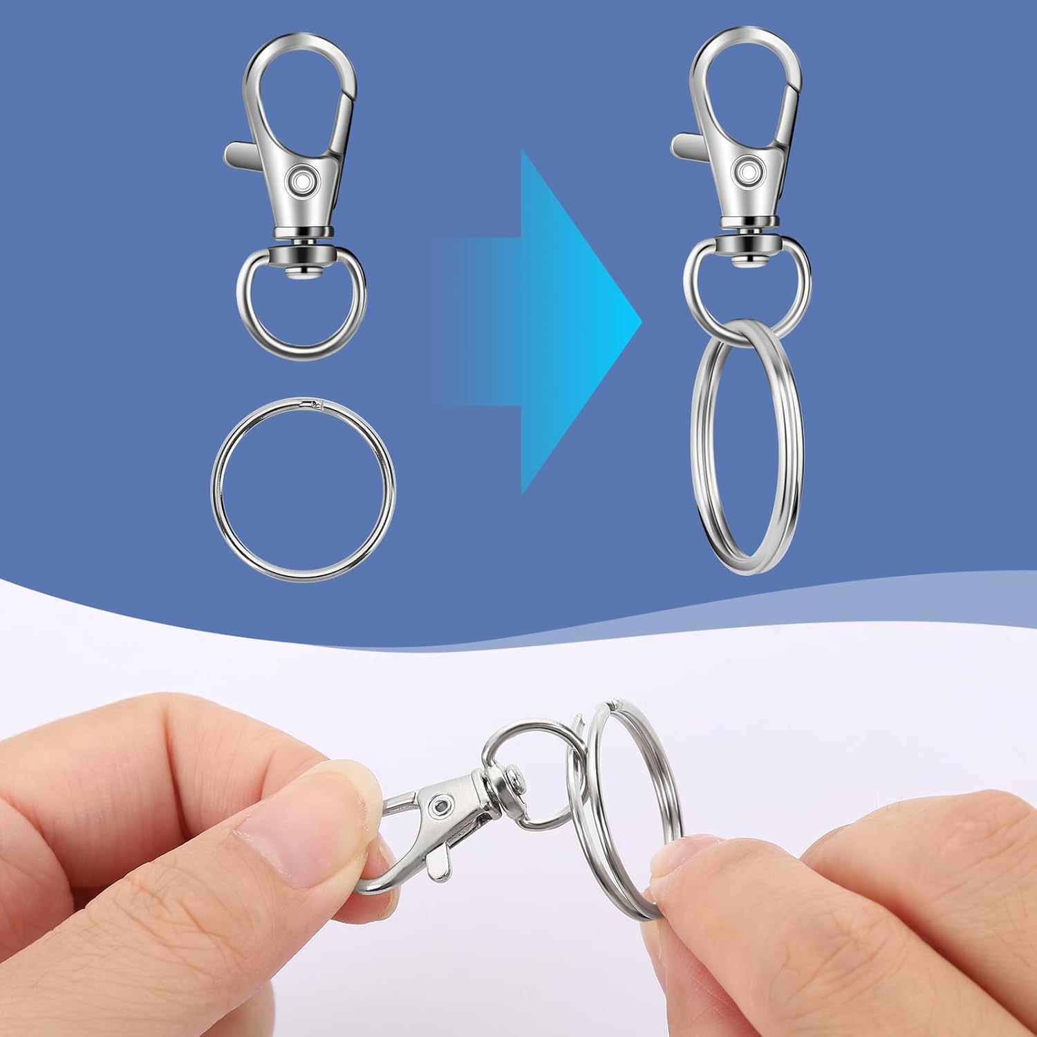 50 PCS in 25 Sets, Metal Swivel Lobster Claw Clasps, Keychain Clip with Large Key Ring, Premium Keychains Clips, Snap Hooks and Sturdy Key Rings, for Key Chain Making Kit， (Silver) - Image 4