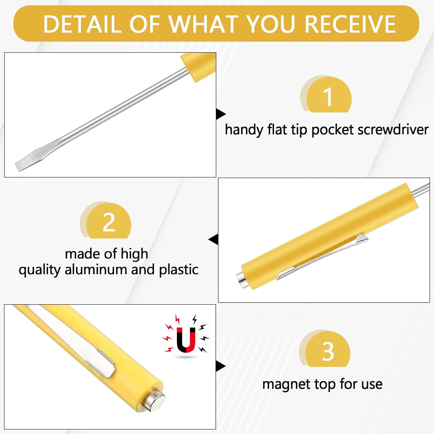 10 Pieces Pocket Screwdriver Mini Tops and Pocket Clips Magnetic Slotted Small Screw Driver with a Single Blade Head for Mechanical, Electrician(Yellow) - Image 3