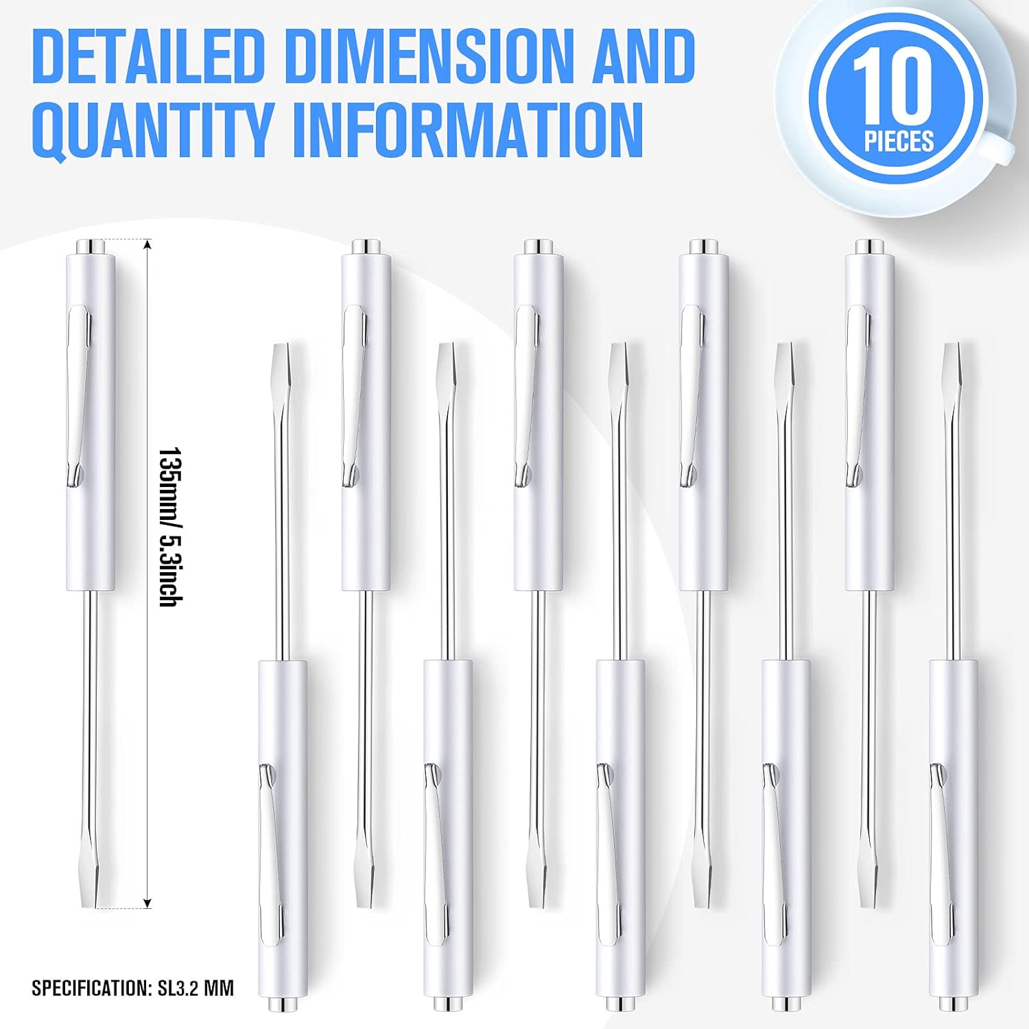 10 Pieces Pocket Screwdriver Mini Tops and Pocket Clips Magnetic Slotted Small Screw Driver with a Single Blade Head for Mechanical, Electrician(White) - Image 2
