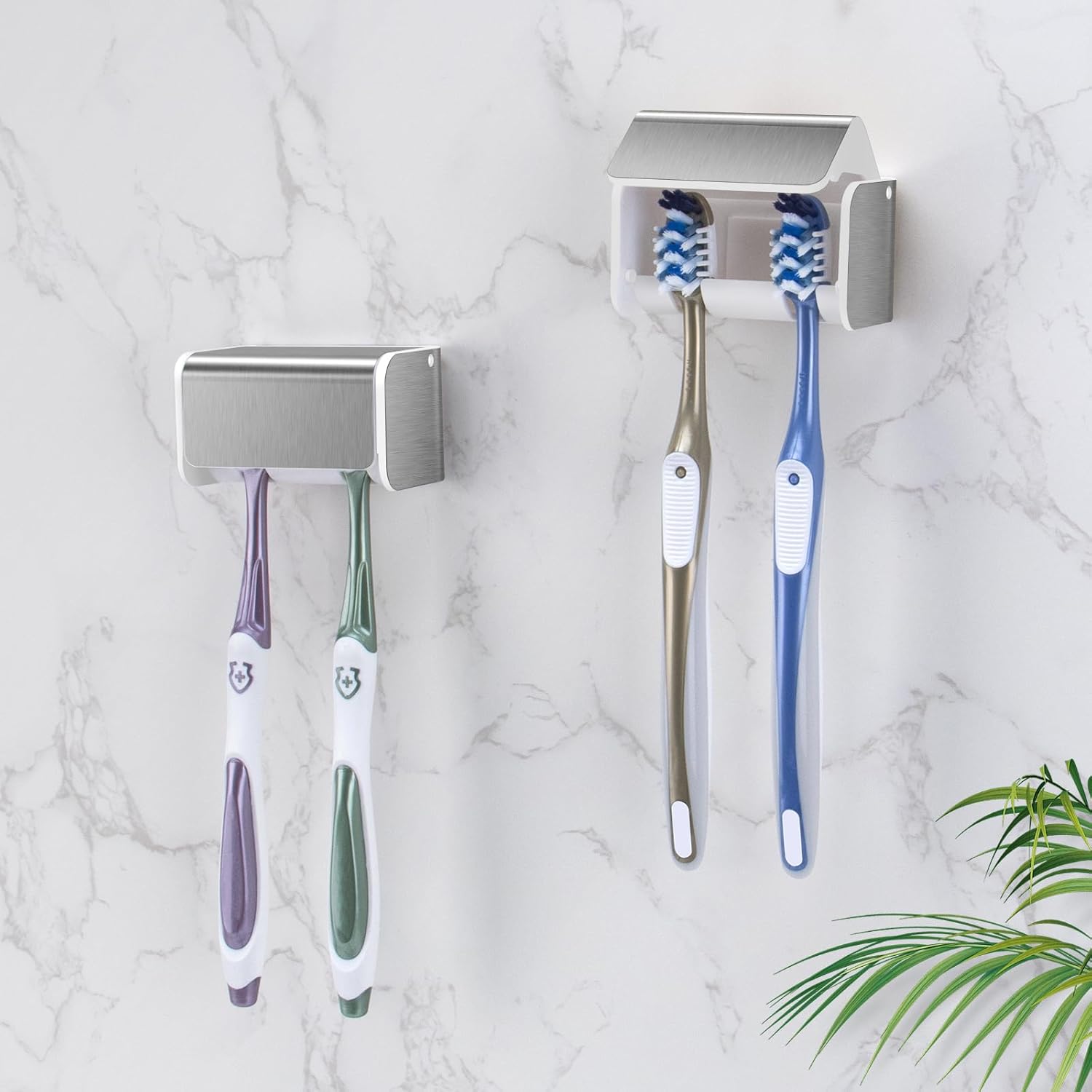 2 PCS Toothbrush Holders Wall Mounted with Cover, Electric Tooth Brushing Holder for Bathroom, 2 Slots Self Adhesive Toothbrush Organizer for Family, Kids (2, Brushed Silver) - Image 1