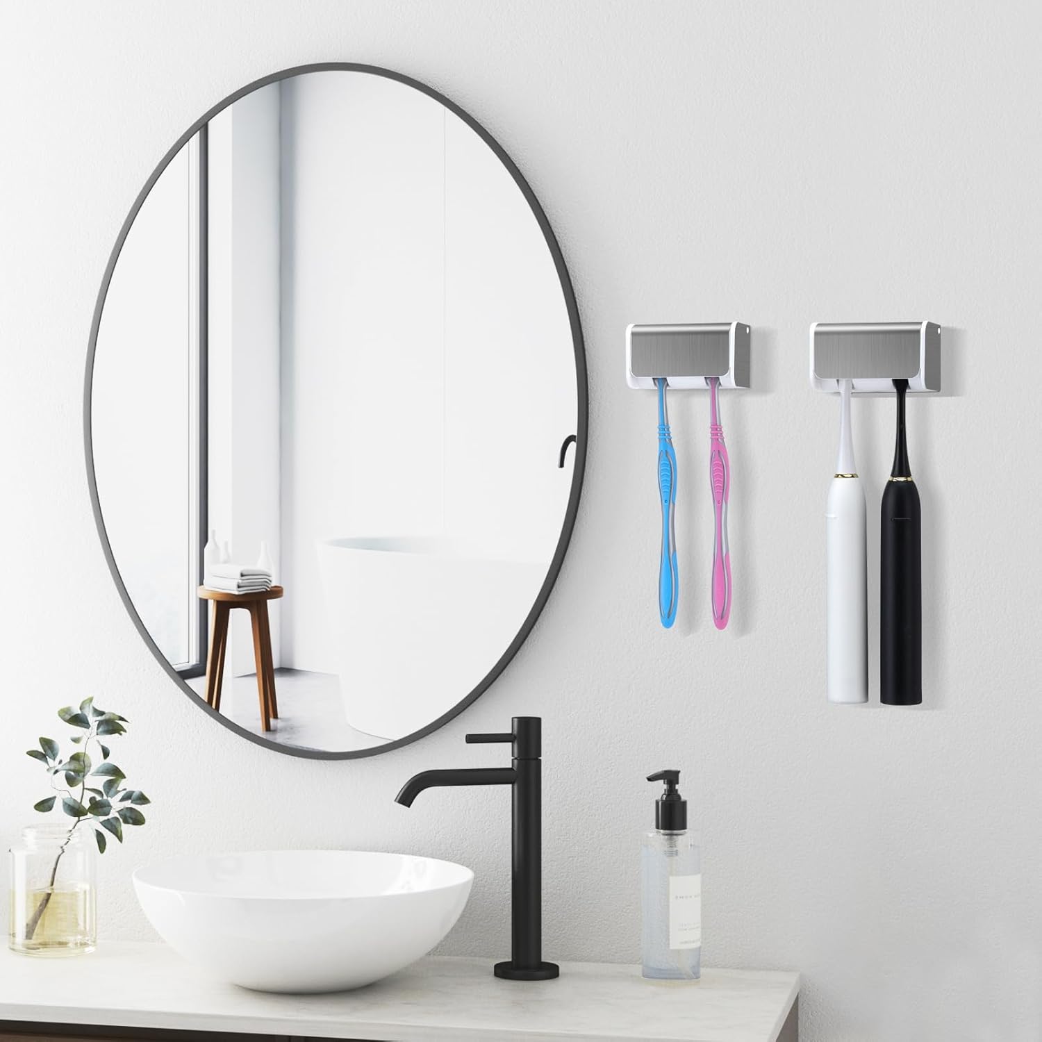 2 PCS Toothbrush Holders Wall Mounted with Cover, Electric Tooth Brushing Holder for Bathroom, 2 Slots Self Adhesive Toothbrush Organizer for Family, Kids (2, Brushed Silver) - Image 2