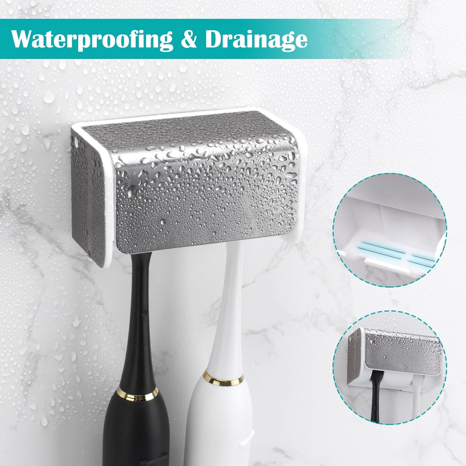 2 PCS Toothbrush Holders Wall Mounted with Cover, Electric Tooth Brushing Holder for Bathroom, 2 Slots Self Adhesive Toothbrush Organizer for Family, Kids (2, Brushed Silver) - Image 3