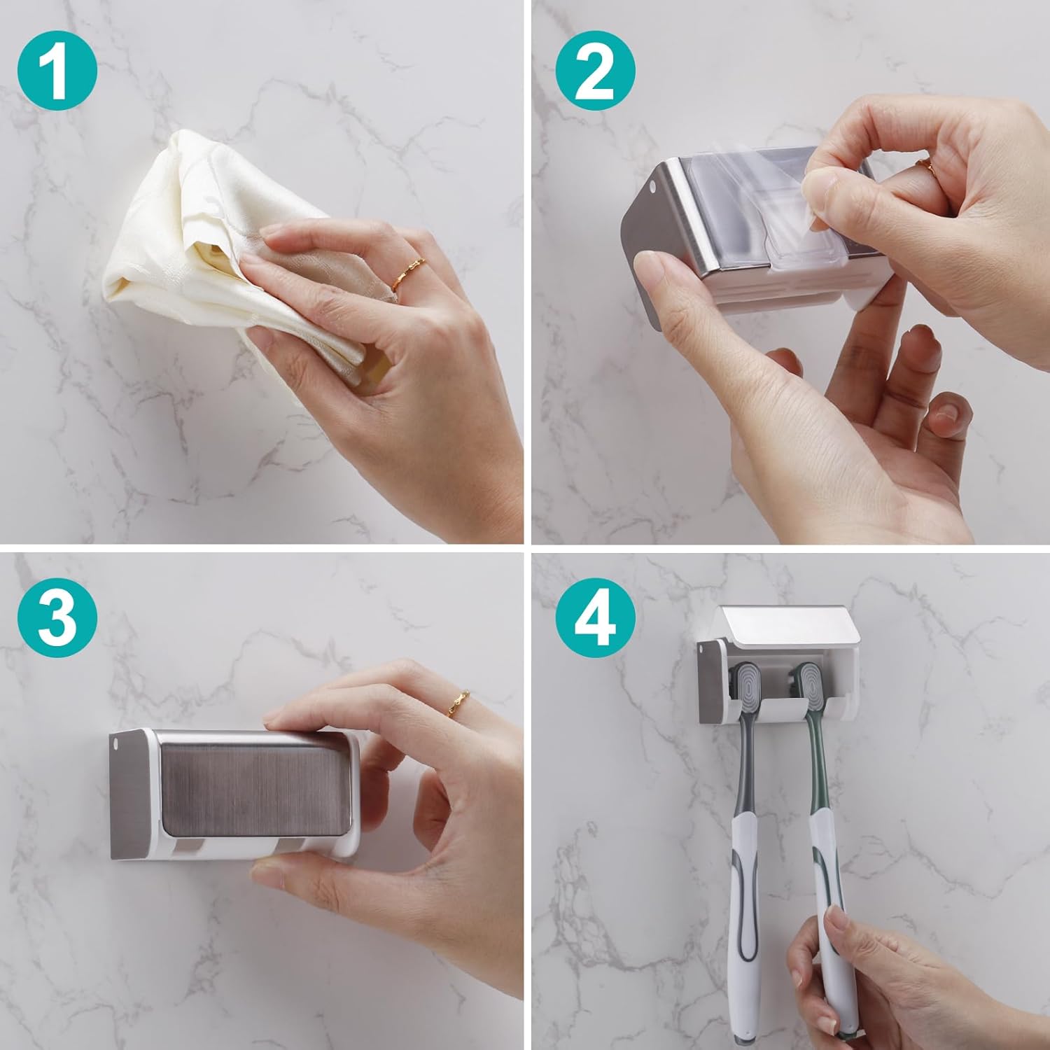 2 PCS Toothbrush Holders Wall Mounted with Cover, Electric Tooth Brushing Holder for Bathroom, 2 Slots Self Adhesive Toothbrush Organizer for Family, Kids (2, Brushed Silver) - Image 6