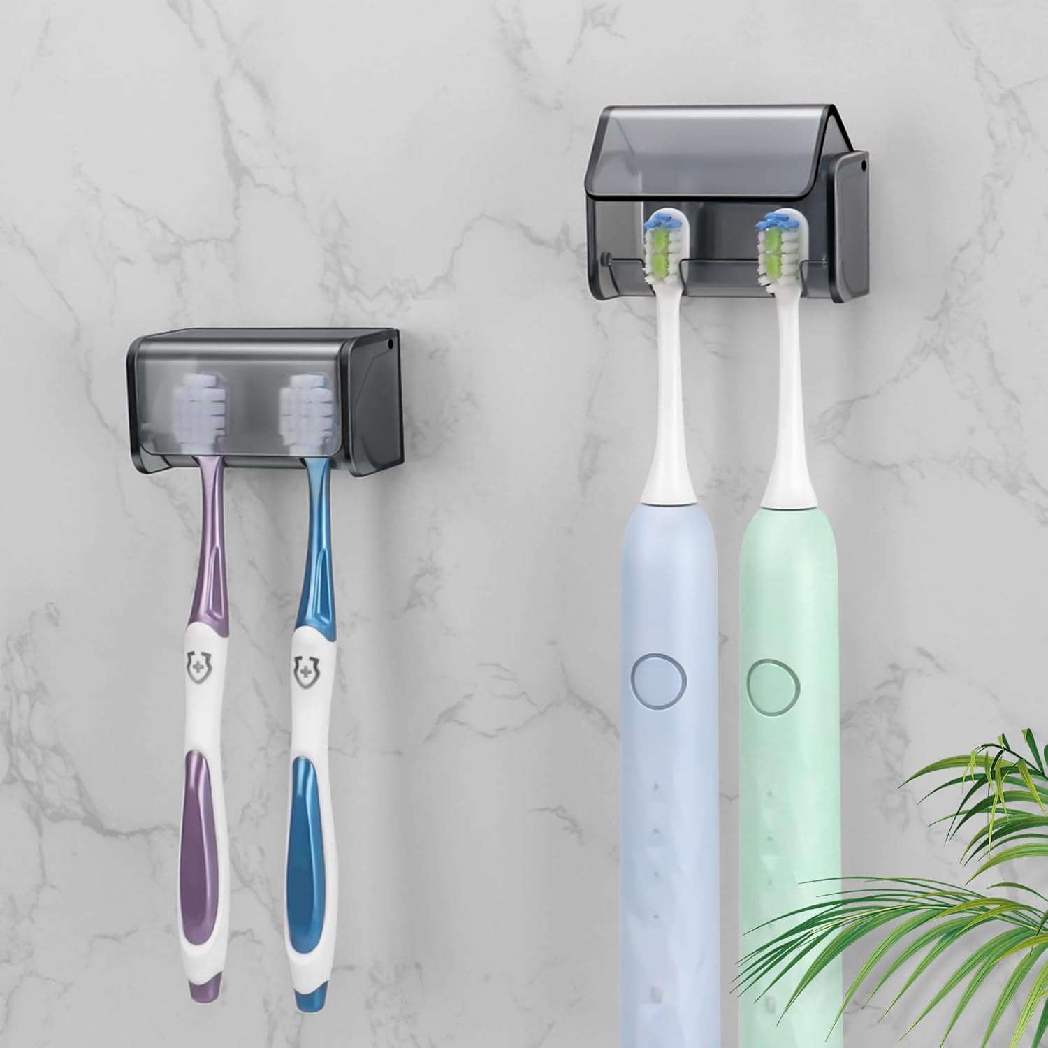 2 PCS Toothbrush Holders Wall Mounted with Cover, Electric Tooth Brushing Holder for Bathroom, 2 Slots Self Adhesive Toothbrush Organizer for Family, Kids (2, Transparent Black) - Image 1