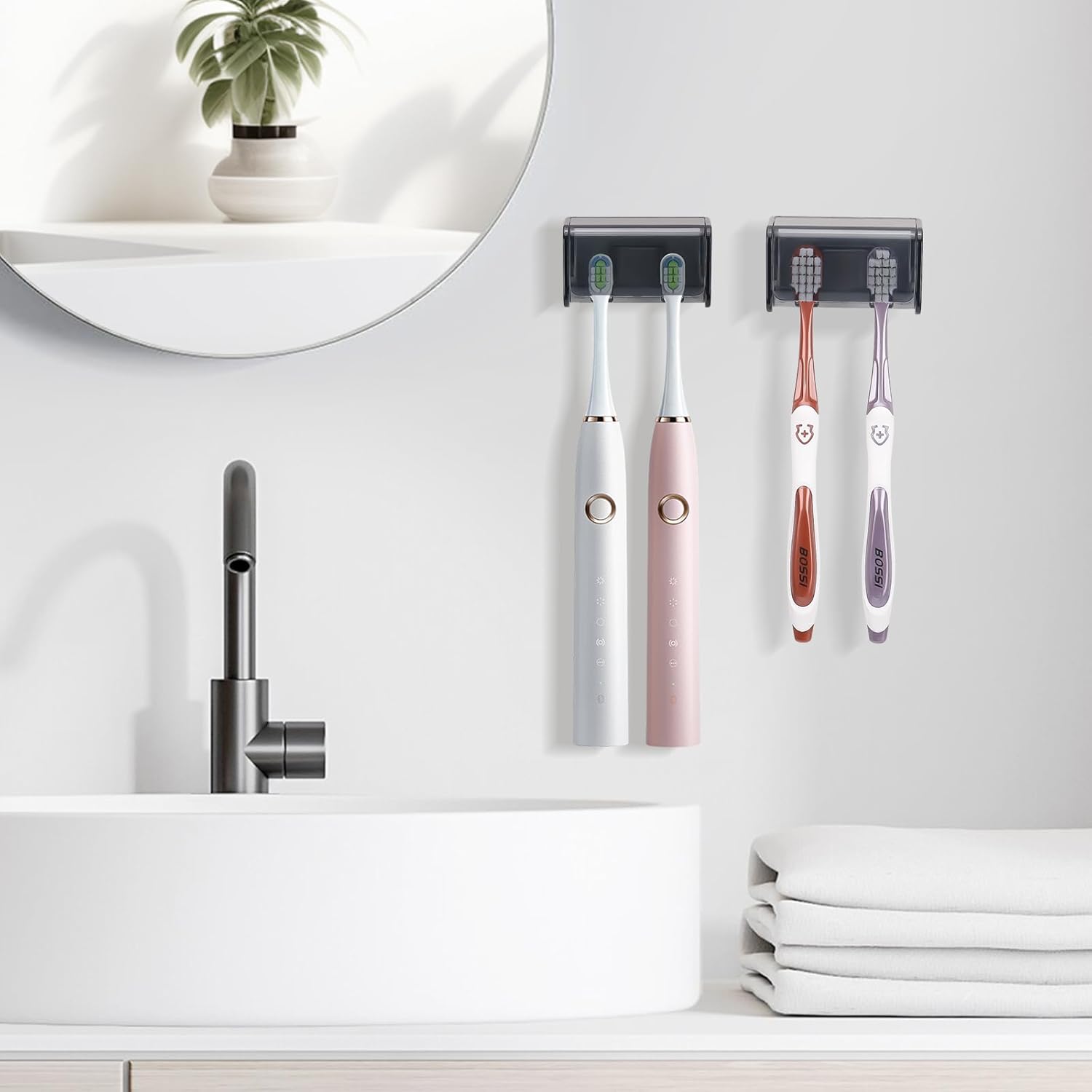 2 PCS Toothbrush Holders Wall Mounted with Cover, Electric Tooth Brushing Holder for Bathroom, 2 Slots Self Adhesive Toothbrush Organizer for Family, Kids (2, Transparent Black) - Image 2
