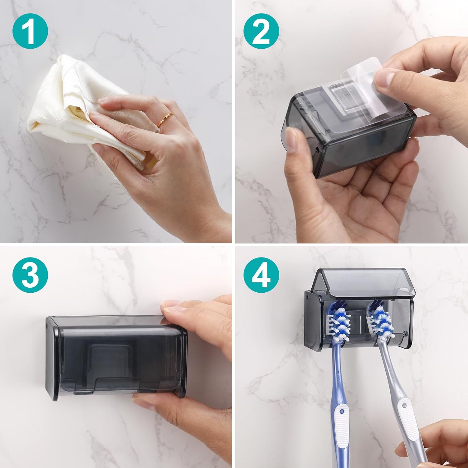 2 PCS Toothbrush Holders Wall Mounted with Cover, Electric Tooth Brushing Holder for Bathroom, 2 Slots Self Adhesive Toothbrush Organizer for Family, Kids (2, Transparent Black) - Image 6