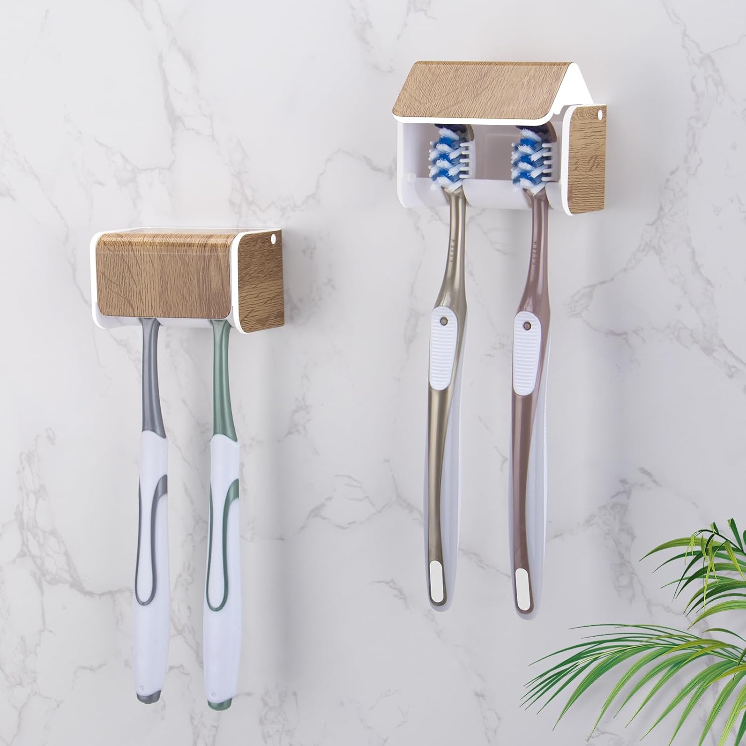 2 PCS Toothbrush Holders Wall Mounted with Cover, Electric Tooth Brushing Holder for Bathroom, 2 Slots Self Adhesive Toothbrush Organizer, Toothbrush Stand for Family, Kids (2, Wood Grain) - Image 1