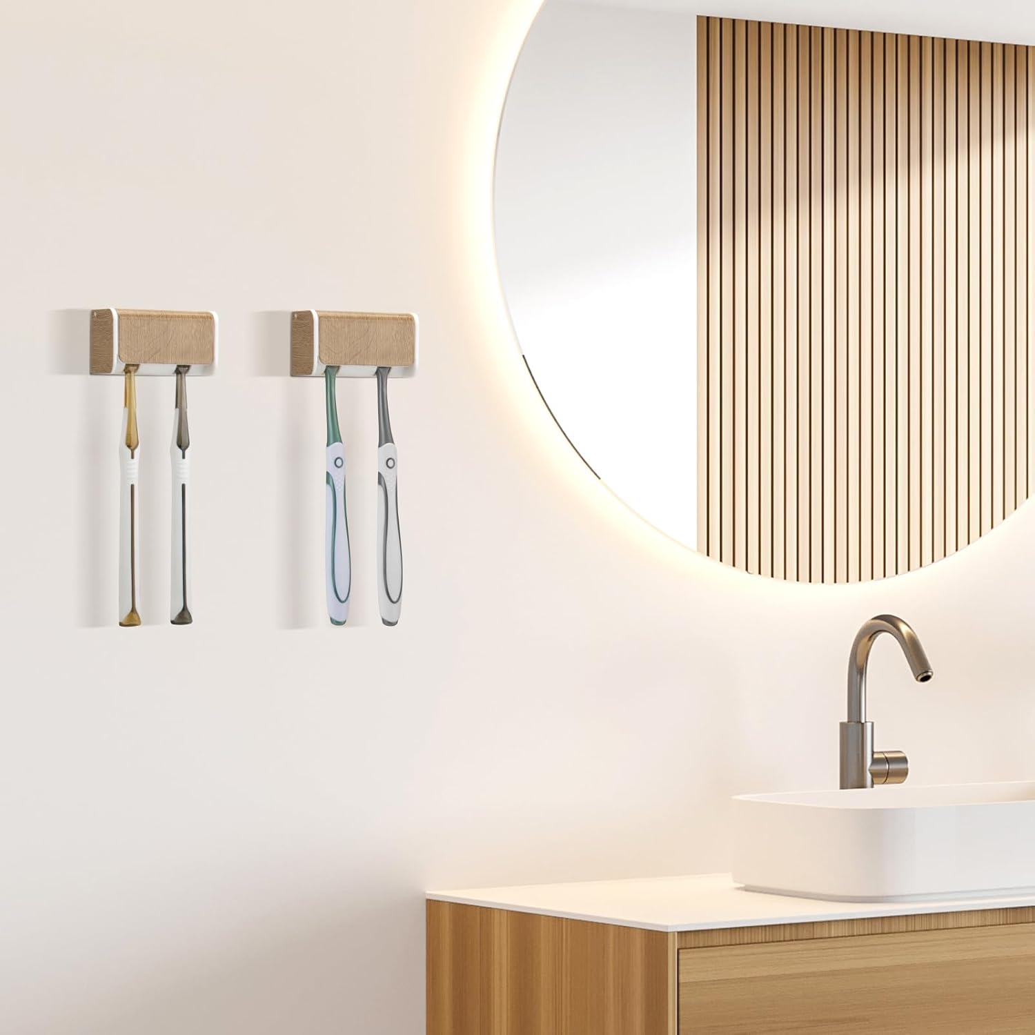 2 PCS Toothbrush Holders Wall Mounted with Cover, Electric Tooth Brushing Holder for Bathroom, 2 Slots Self Adhesive Toothbrush Organizer, Toothbrush Stand for Family, Kids (2, Wood Grain) - Image 2