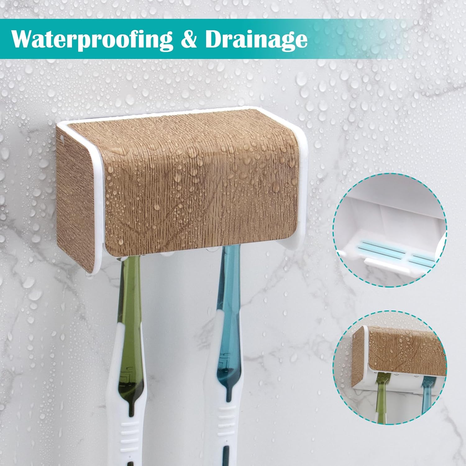 2 PCS Toothbrush Holders Wall Mounted with Cover, Electric Tooth Brushing Holder for Bathroom, 2 Slots Self Adhesive Toothbrush Organizer, Toothbrush Stand for Family, Kids (2, Wood Grain) - Image 3