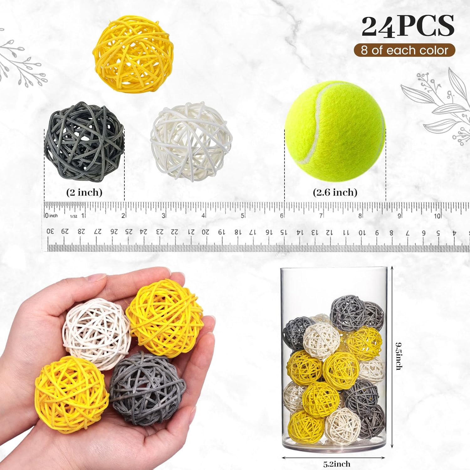 24PCS Yellow Decorative Balls for Bowl Centerpiece, 2 Inch Rattan Bowl Fillers - Wicker Twig Orbs Spheres for Yellow Kitchen Home Decor Vase Table Scatters - Image 2