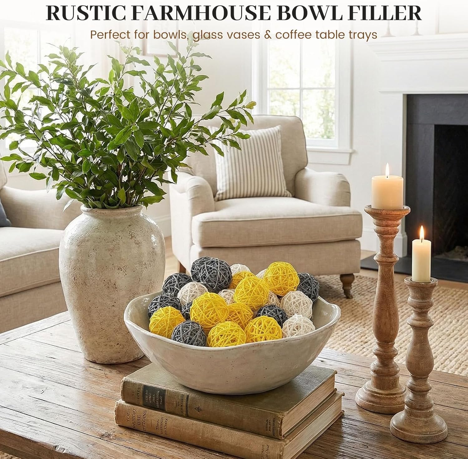 24PCS Yellow Decorative Balls for Bowl Centerpiece, 2 Inch Rattan Bowl Fillers - Wicker Twig Orbs Spheres for Yellow Kitchen Home Decor Vase Table Scatters - Image 3