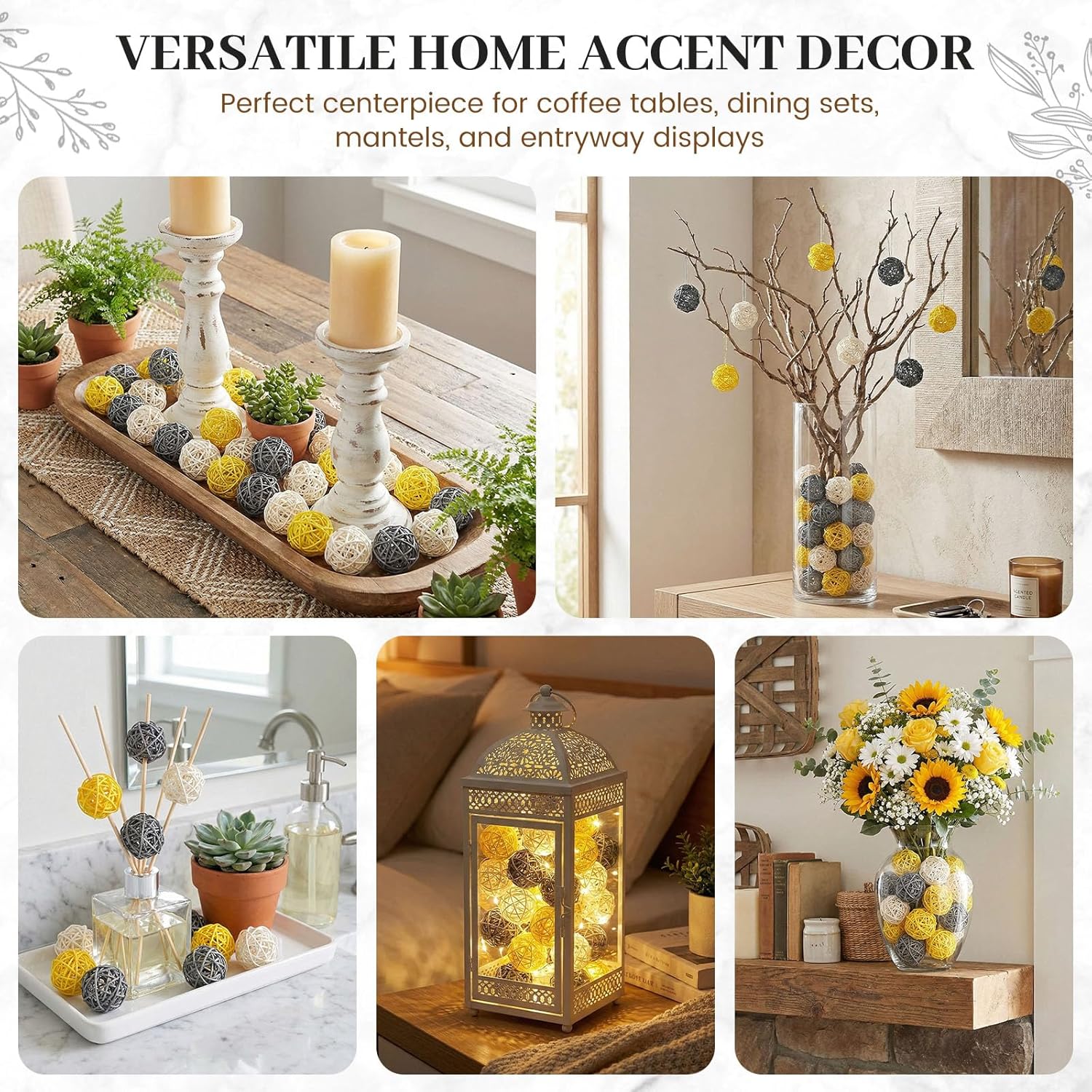 24PCS Yellow Decorative Balls for Bowl Centerpiece, 2 Inch Rattan Bowl Fillers - Wicker Twig Orbs Spheres for Yellow Kitchen Home Decor Vase Table Scatters - Image 5