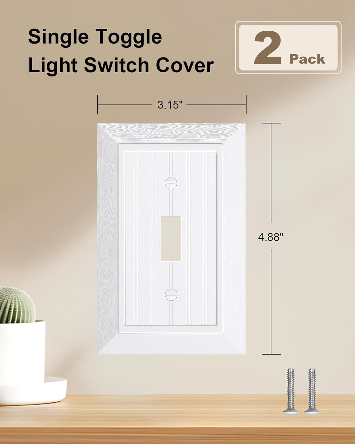 2-Pack Classic Beadboard Single Toggle Light Switch Cover Plate, Unbreakable Polycarbonate Decorative Switch Plate Covers, Pure White 1 Gang Wall Plate - Image 2