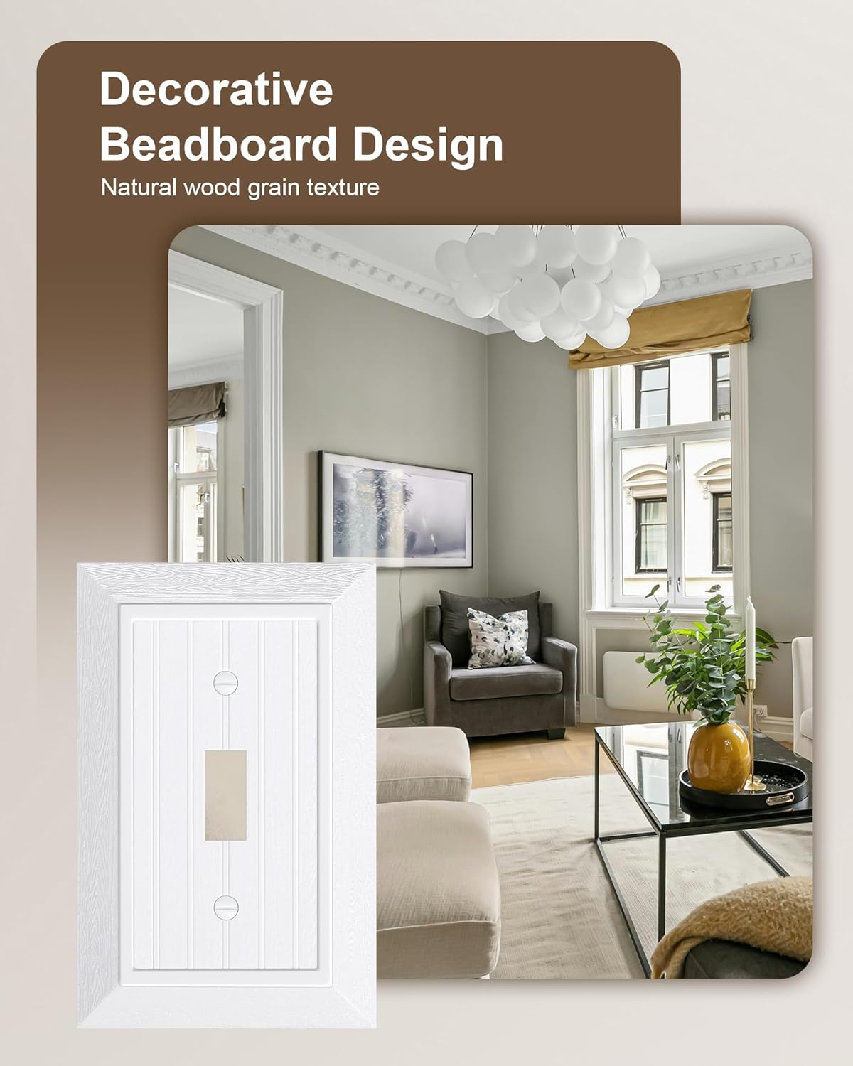 2-Pack Classic Beadboard Single Toggle Light Switch Cover Plate, Unbreakable Polycarbonate Decorative Switch Plate Covers, Pure White 1 Gang Wall Plate - Image 4