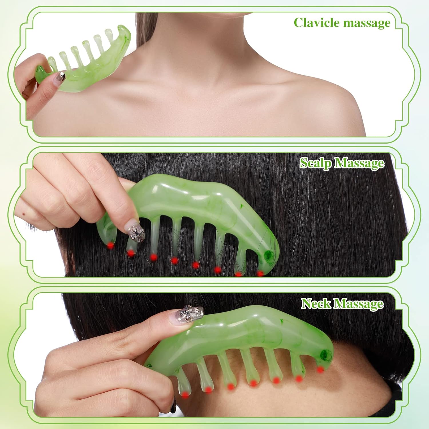 2 Pcs Jade Combs Esthetician Supplies Massage Stone Hair Gua Sha Scraping Scalp Comb Facial Massage Tool Handheld Head Tools Head Caring Therapy Valentines for Women(Elegant Style) - Image 3